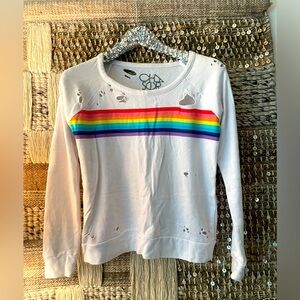 🌈 CHASER rainbow chest-stripe distressed light sweatshirt sz XS 🌈